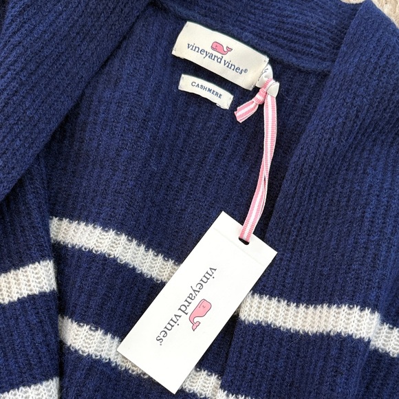 NWT Vineyard Vines 100% Cashmere Rib Open Front Navy and White Striped Cardigan - Picture 2 of 7